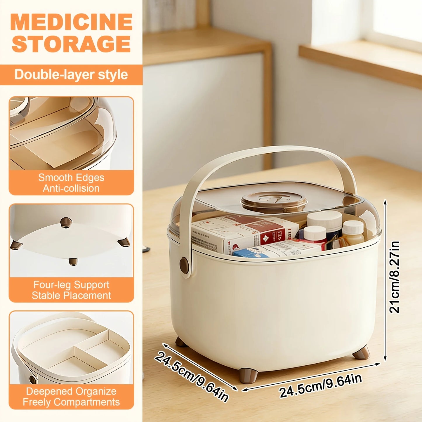 Double Layer Family Medicine Storage Box, Cream Portable First Aid Kit with Transparent Lid