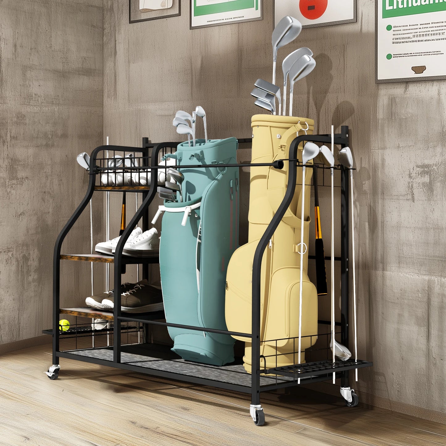 Rolling Golf Bag Storage Rack With Wheels 3-Tier Metal Organizer