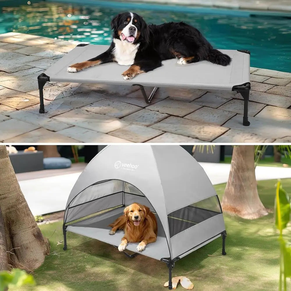 Outdoor Dog Bed, Cooling Elevated Pet Cot, Removable Shade, Non-Slip Feet, Raised Dog Cot, Large Dogs, Pet Tent Bed, Camping, Be