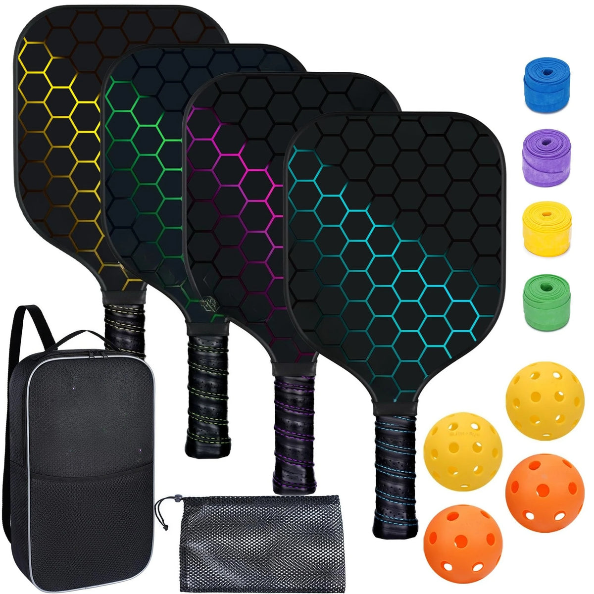 2 Pack 4 Pack USAPA Approved Fiberglass Pickleball Paddles Set Lightweight Rackets With Indoor Outdoor Pickleball Balls Carry Bag And Replacement Overgrips For Beginners Intermediate Players Family Recreational Indoor Outdoor