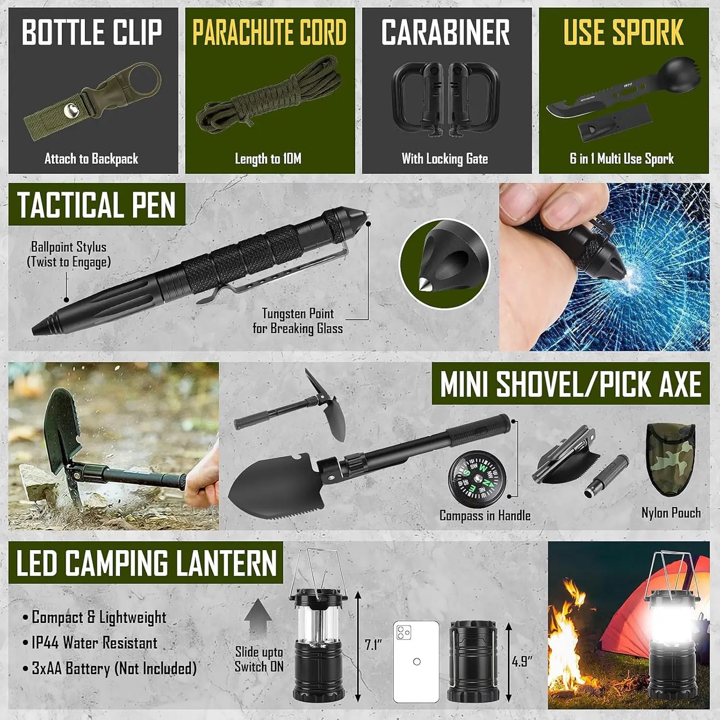 Emergency Survival Kit With First Aid Axe Headlamp Crossbody Bag Outdoors