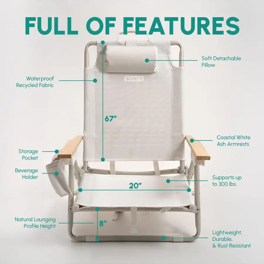 Escapes Backpack Beach Chair Made w Ocean Bound Plastics, Customizable w MOLLE Accessories, Ultra Lightweight, LowSeat Natural