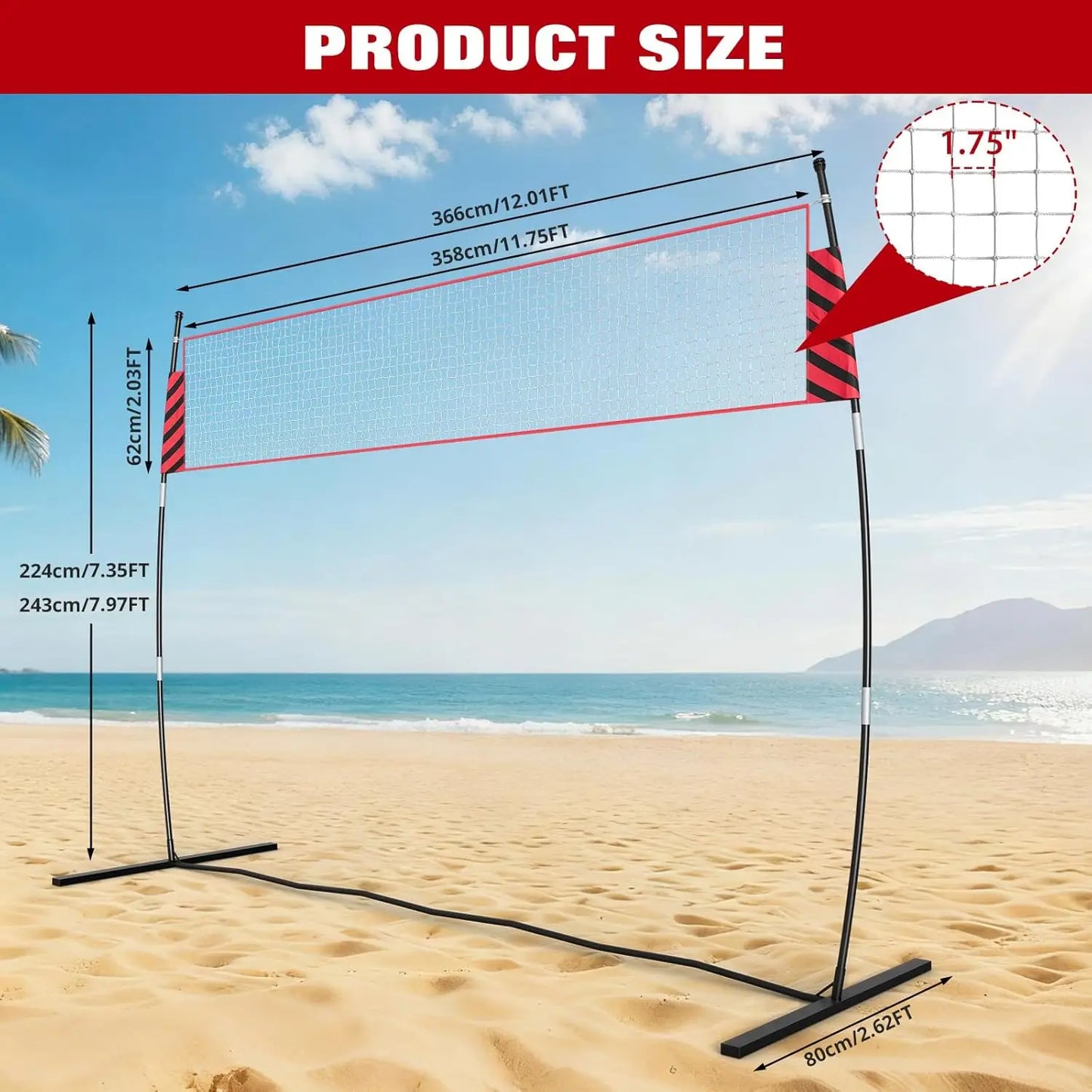 12FT Adjustable Volleyball Net Portable Freestanding Quick Setup Fiberglass Poles Regulation Height Backyard Beach Indoor