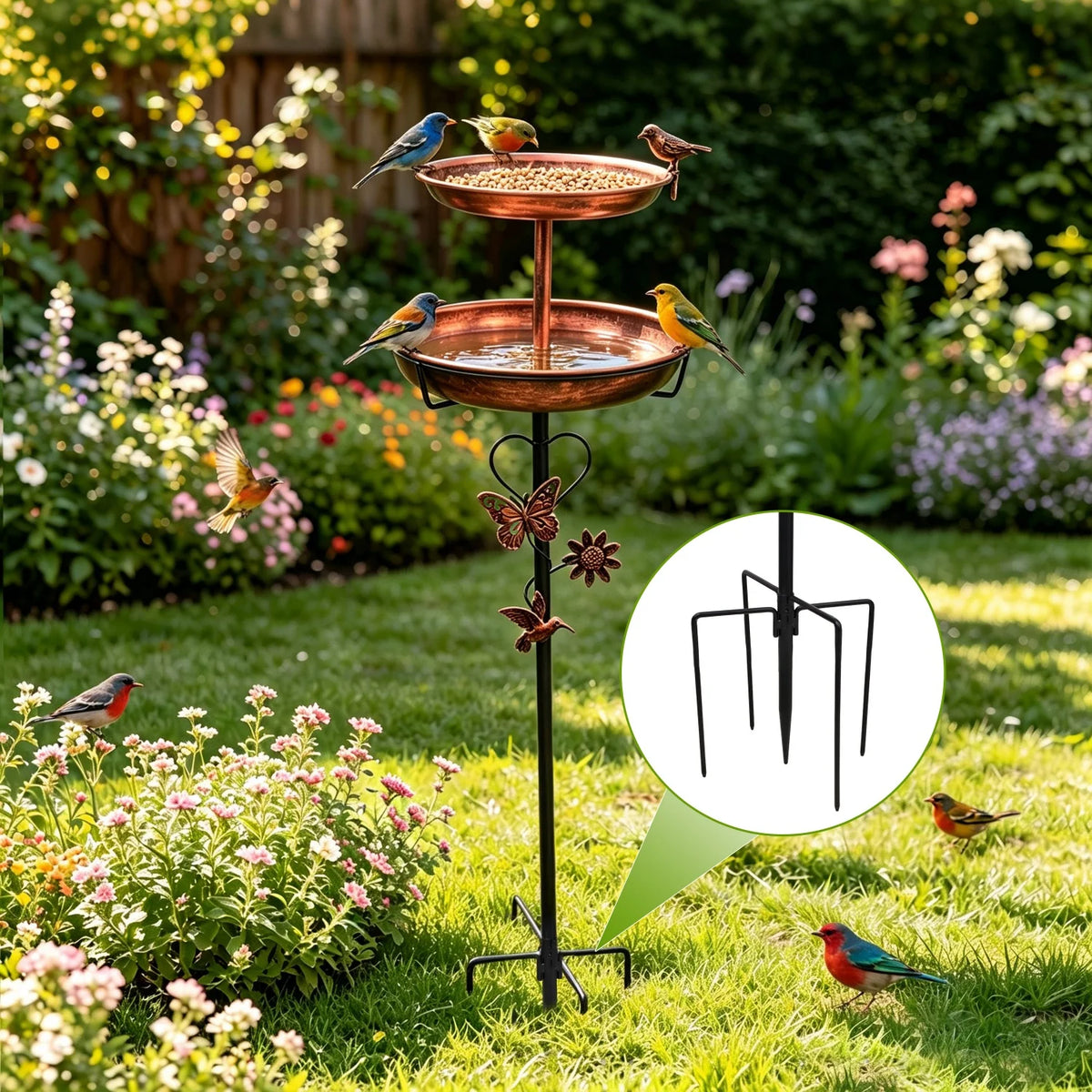 Double Layer Metal Bird Bath Stand with Five Prong Base