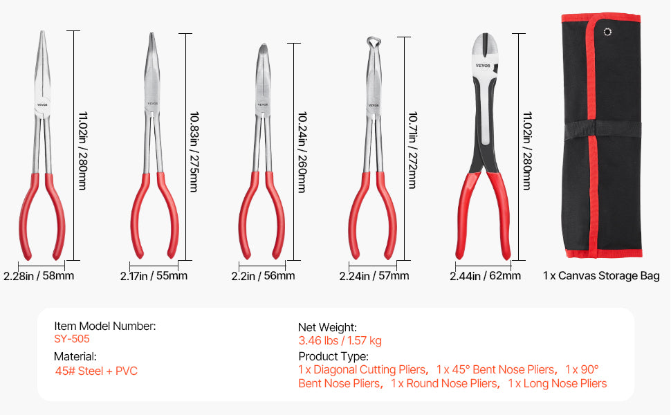 SucceBuy 5-Piece Needle Nose Pliers Set With Diagonal Cutting