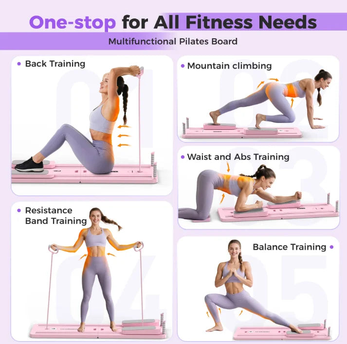 FED 5 in 1 Folding Pilates Board, Pilates Reformer Set with 300 LBS Weight Capacity, Portable Home Pilates for Woman (Pink)