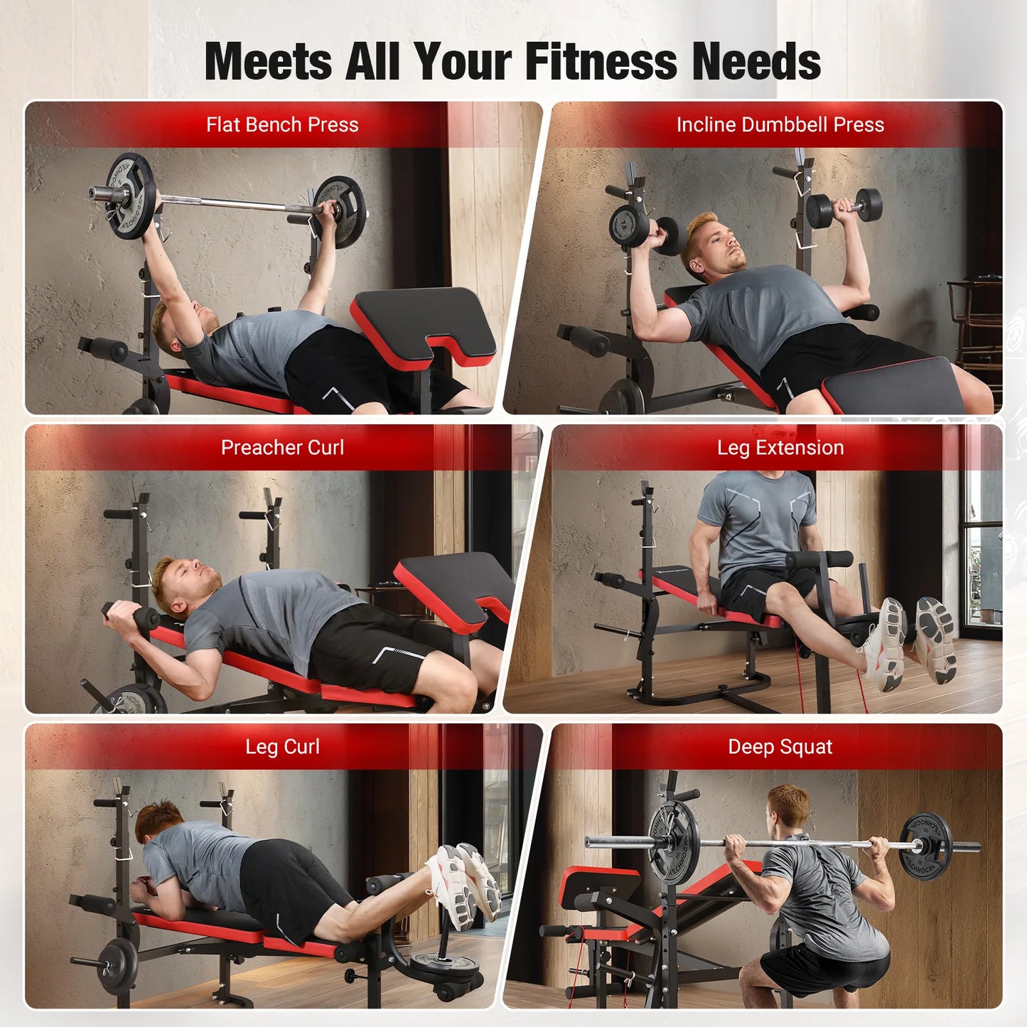 6-in-1 Foldable Weight Bench Set 794 Pounds Adjustable Workout Bench/Barbell Rack/Curl Pad,Bench Press,Curl machine for Home Gym