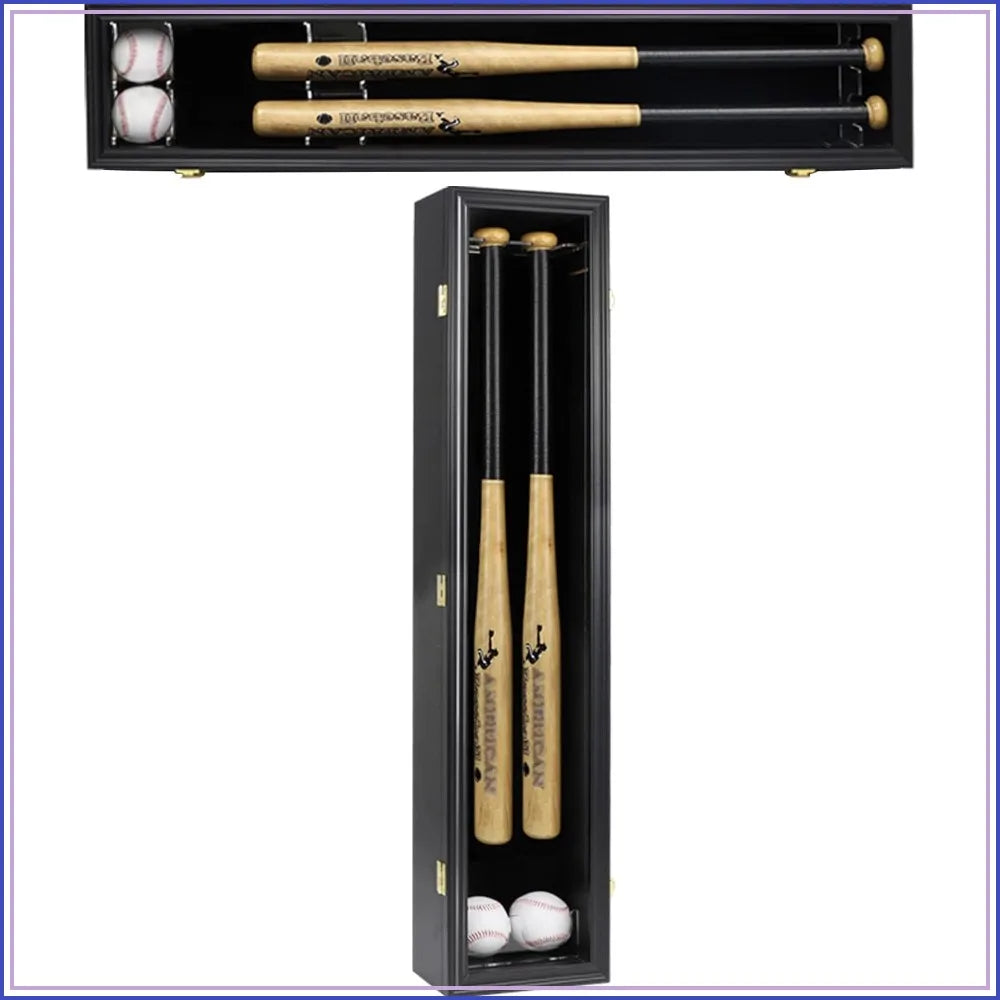 2 Baseball Bat Display Case Wooden Frame Acrylic Transparent Door Wall Mounted Shadow Box Vertical or Horizontal, UV Protection-Lock