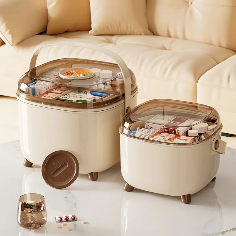 Double Layer Family Medicine Storage Box, Cream Portable First Aid Kit with Transparent Lid