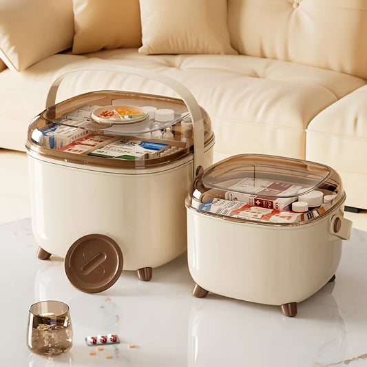 Double Layer Family Medicine Storage Box, Cream Portable First Aid Kit with Transparent Lid