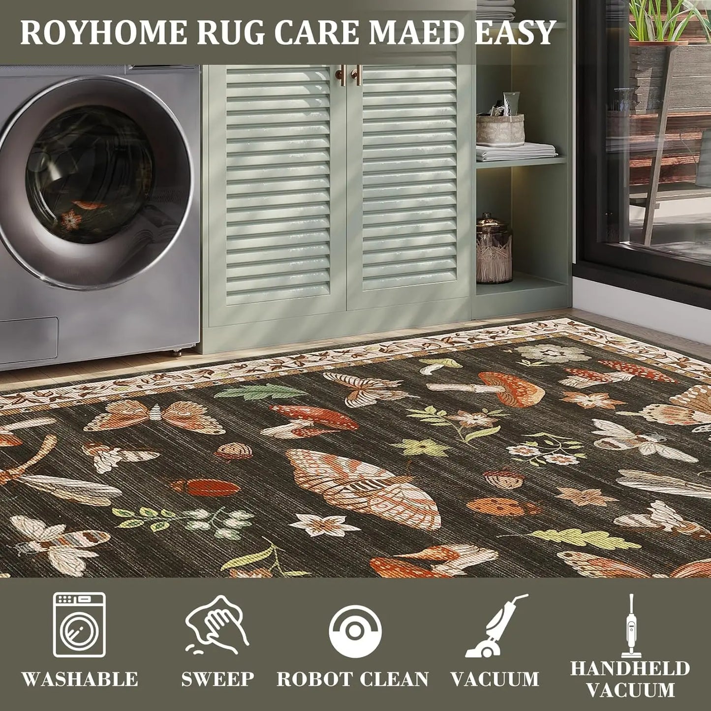 5x7 Washable Mushroom Rug, Non-Slip Rubber Back, Soft Low Pile for Living Room and Bedroom