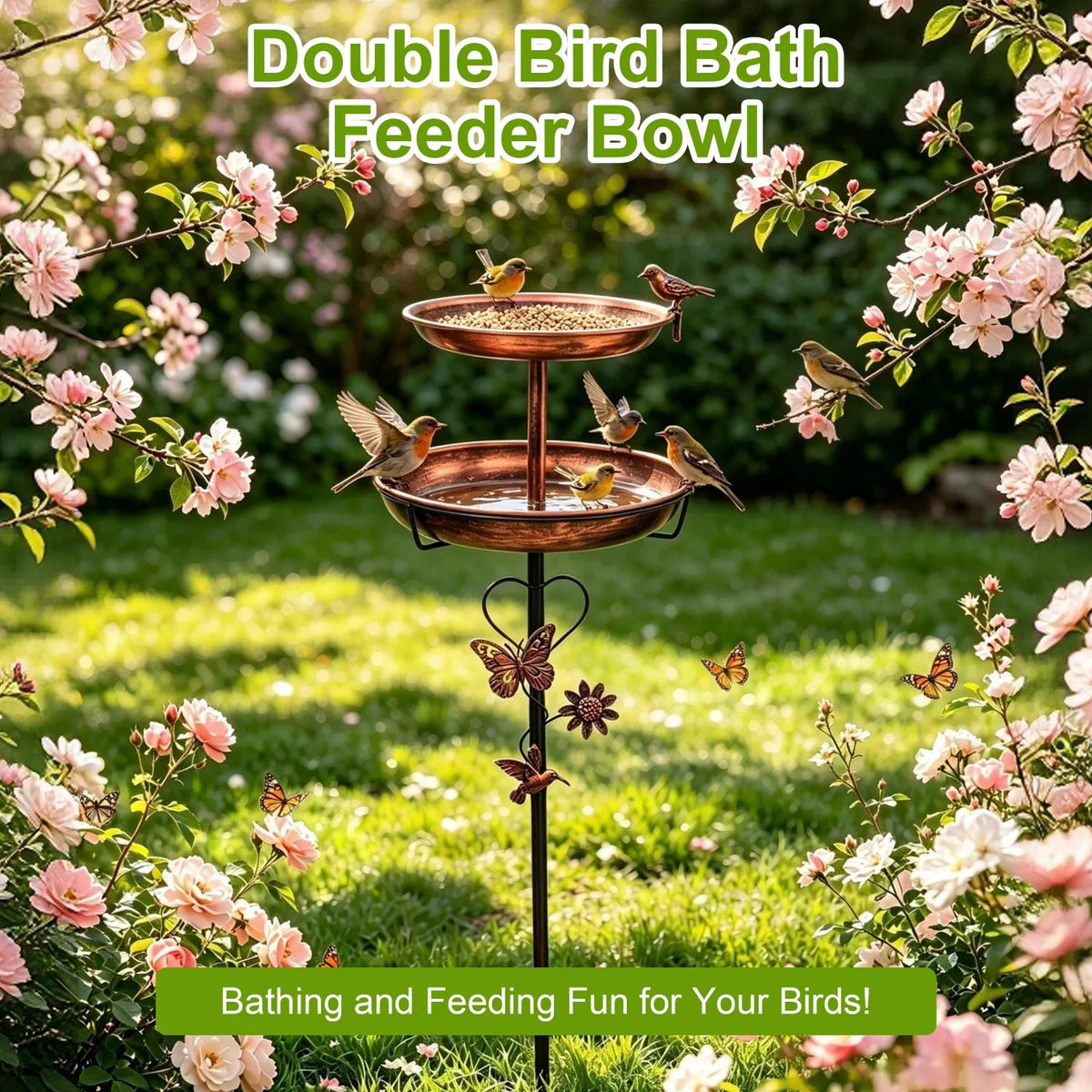 Double Layer Metal Bird Bath Stand with Five Prong Base