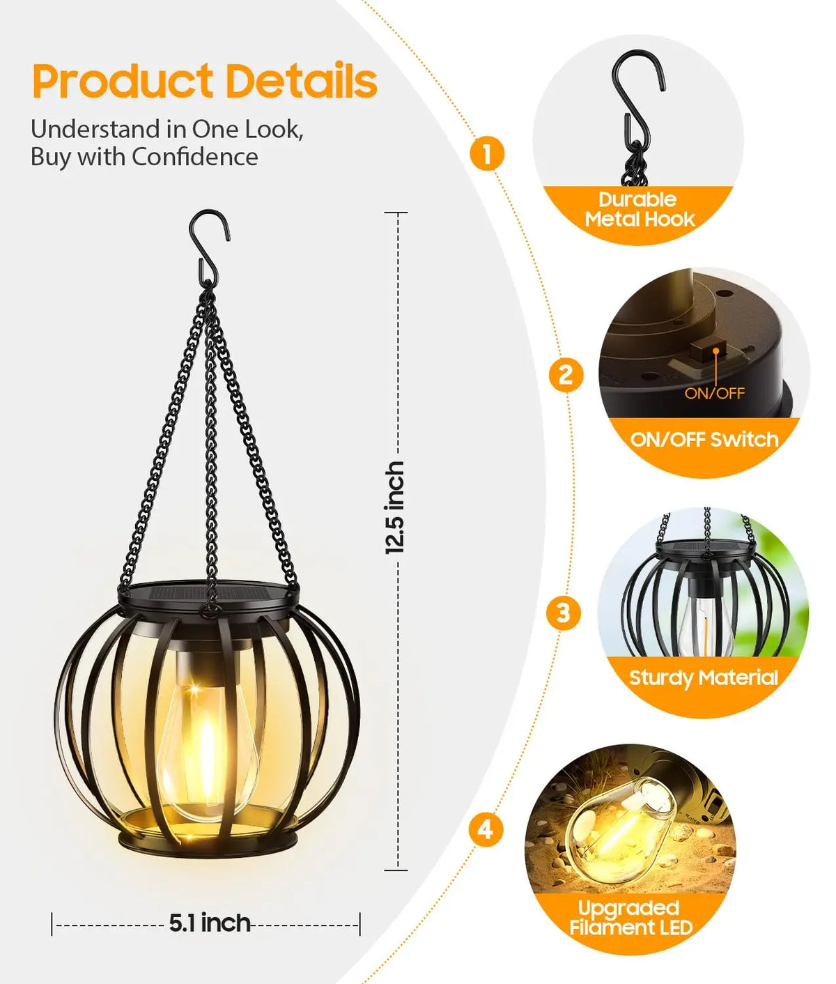KPSTEK Solar Hanging Lanterns with Automatic LED Lighting for Patios