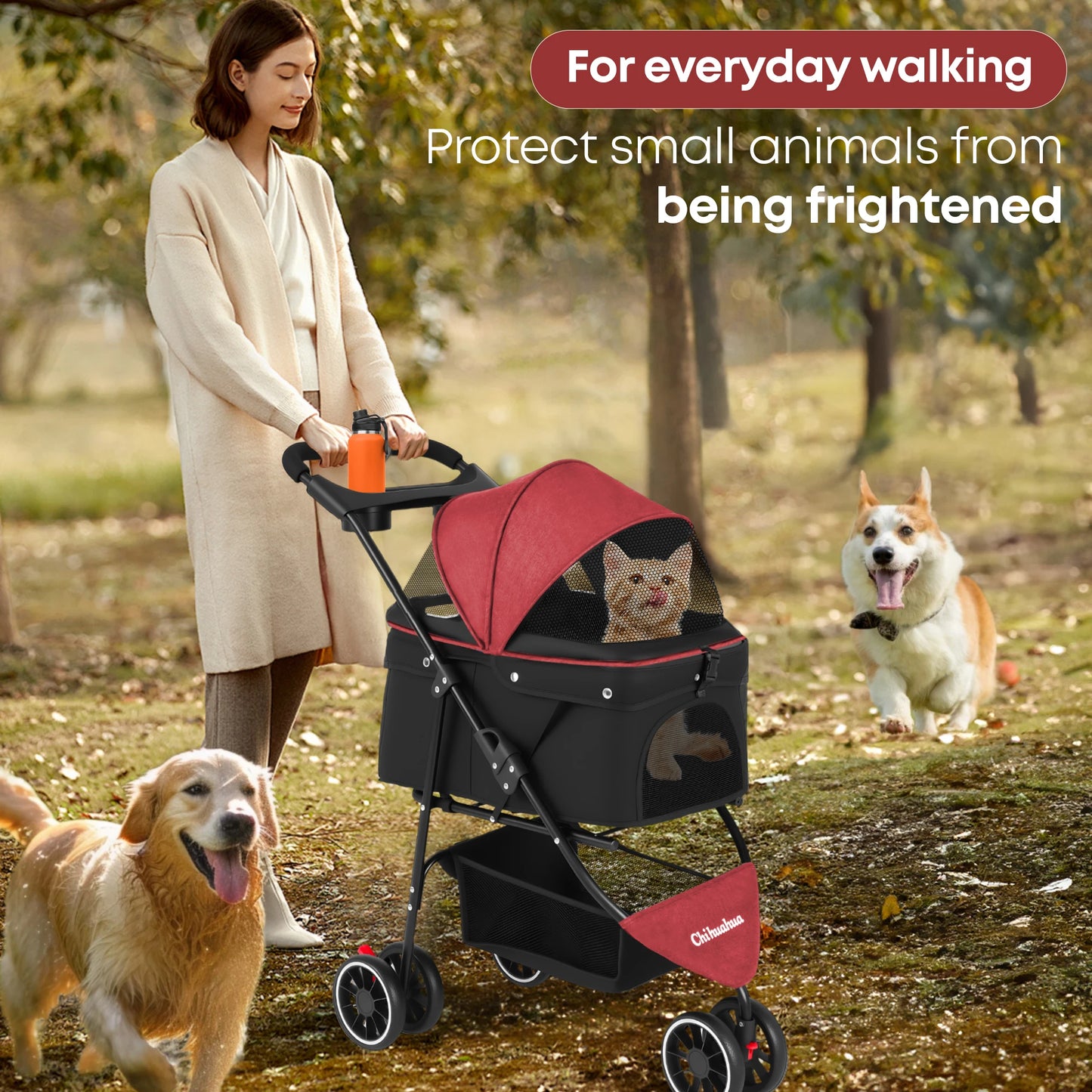 Chihuahua Pet Stroller Three Wheel Foldable With Breathable Mesh Canopy