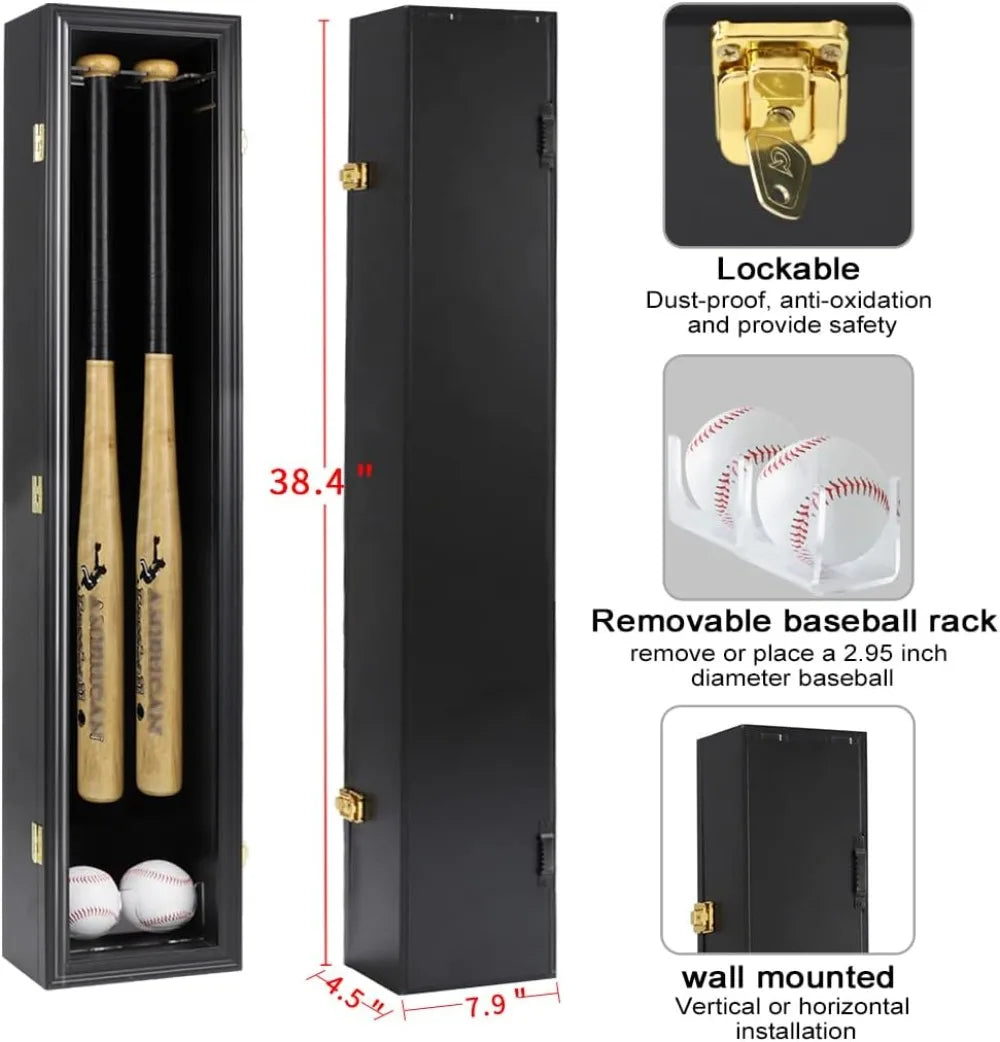 2 Baseball Bat Display Case Wooden Frame Acrylic Transparent Door Wall Mounted Shadow Box Vertical or Horizontal, UV Protection-Lock