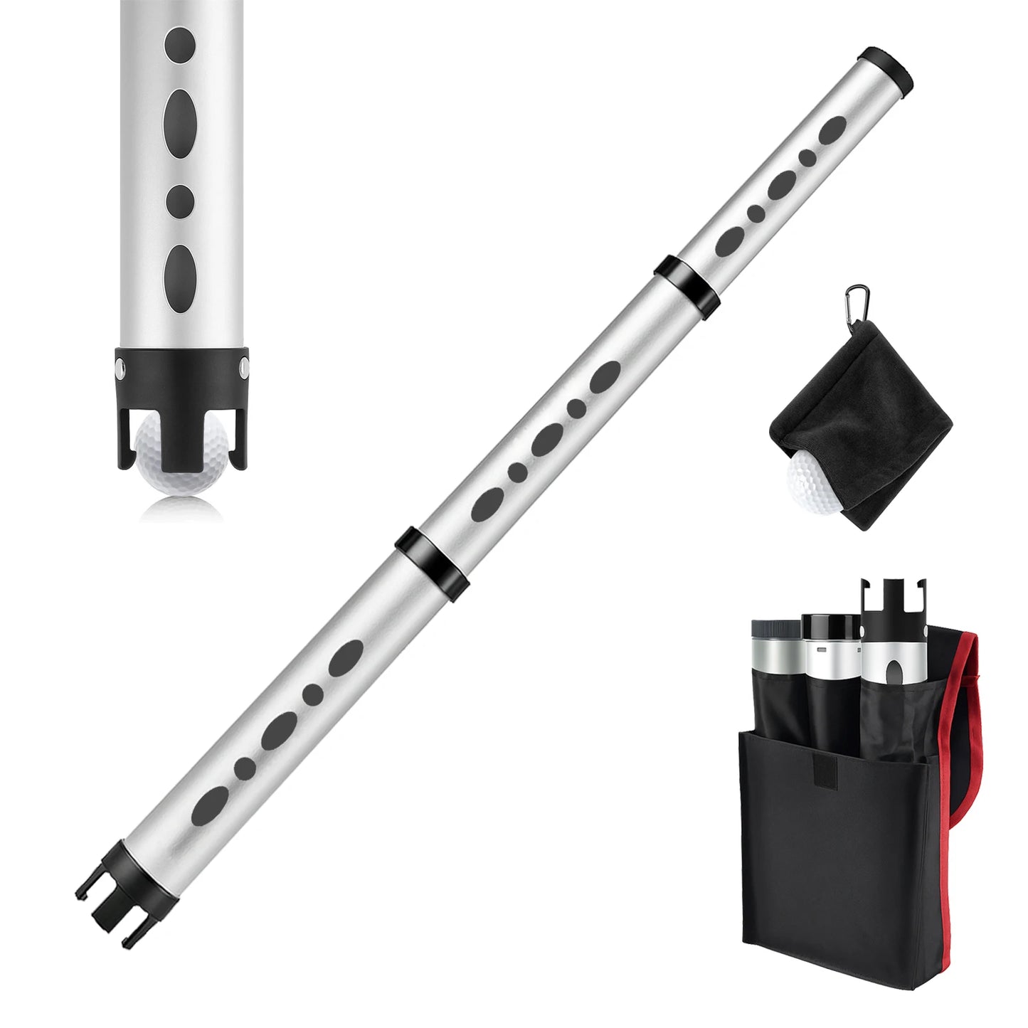 Golf Ball Retriever Aluminum Picker Upper Durable & Portable Ball Collector Tube Holds 24 Golf Balls with Carry Bag & Ball Towel