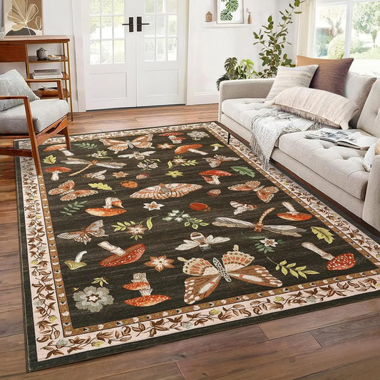 5x7 Washable Mushroom Rug, Non-Slip Rubber Back, Soft Low Pile for Living Room and Bedroom