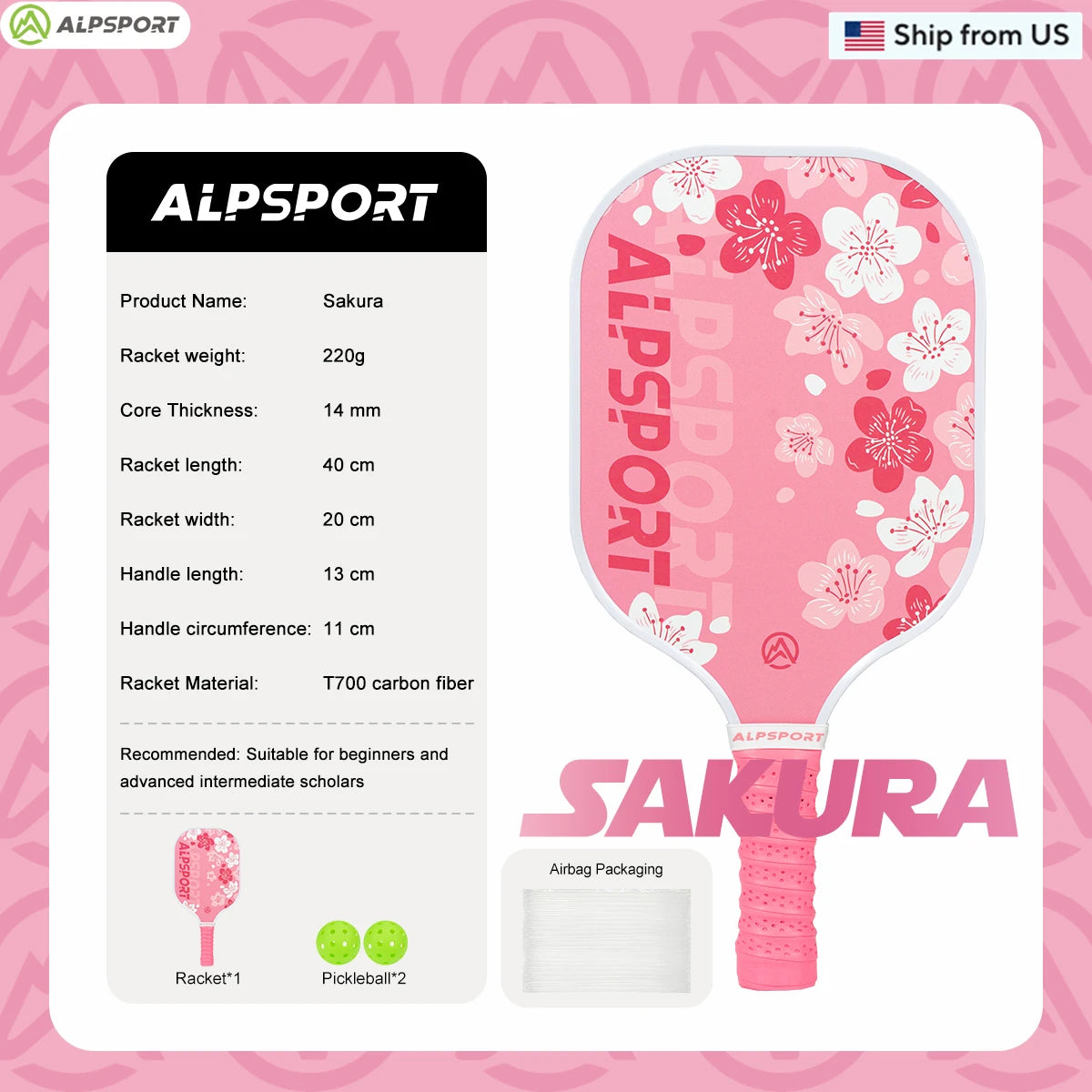 ALPSPORT Sakura USAPA Pickleball Paddle Women's T700 With 2 Free Balls Carbon Fiber Beginner-Friendly Pro Training Set Pink