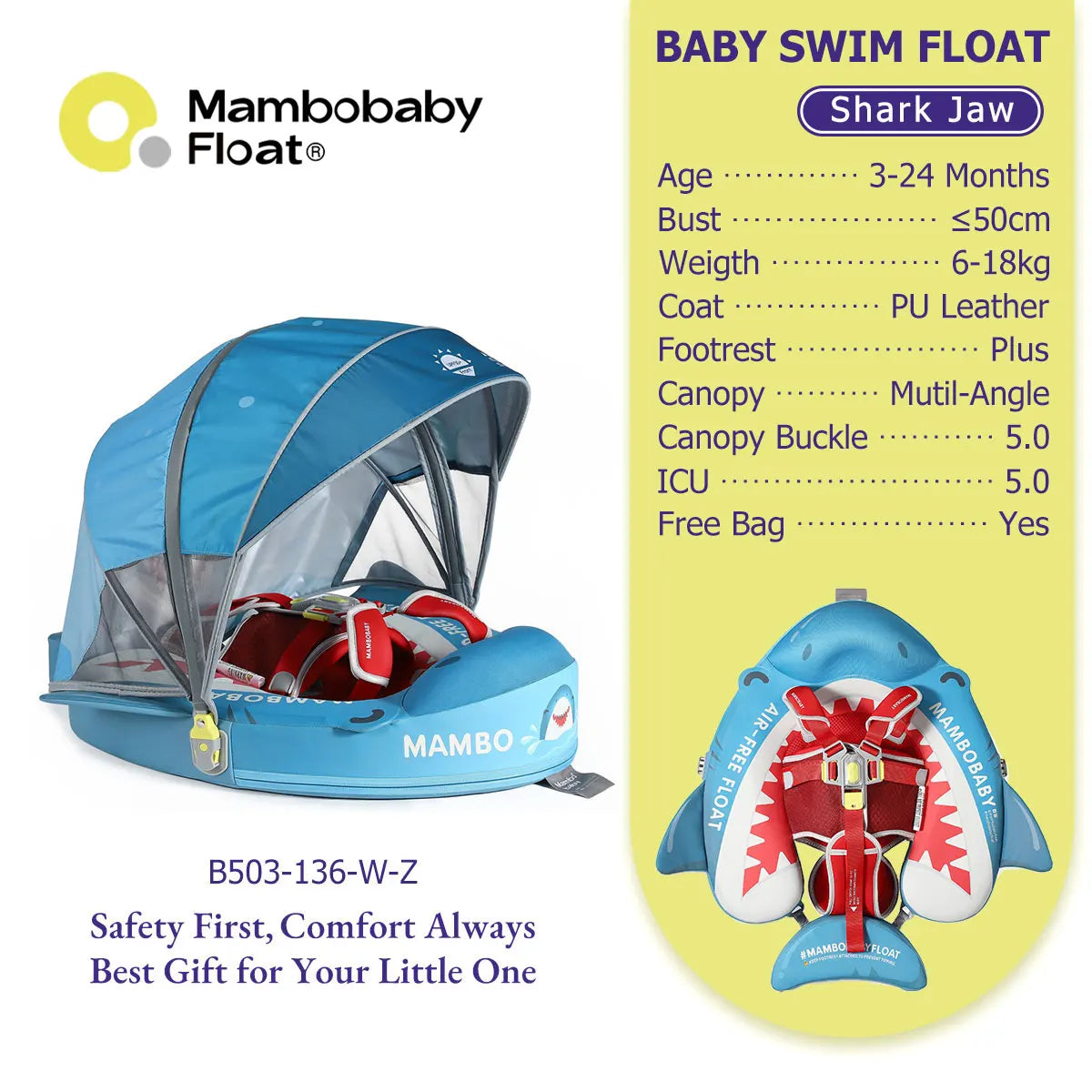 Mambobaby Float Safe Solid Core Comfort Skin-friendly Design with Canopy Baby Swimming Ring Toddler Pool Float Infant Water Ring