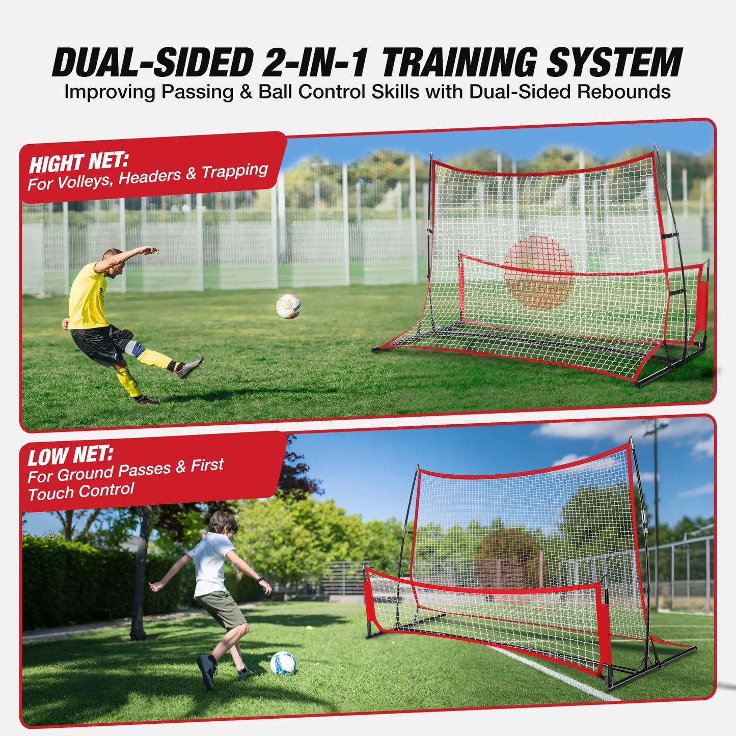 Advanced Soccer Rebounder for Training -Large Net  Small Net  Base  Carry Bag  Cones  Pegs  Resistance Bands -