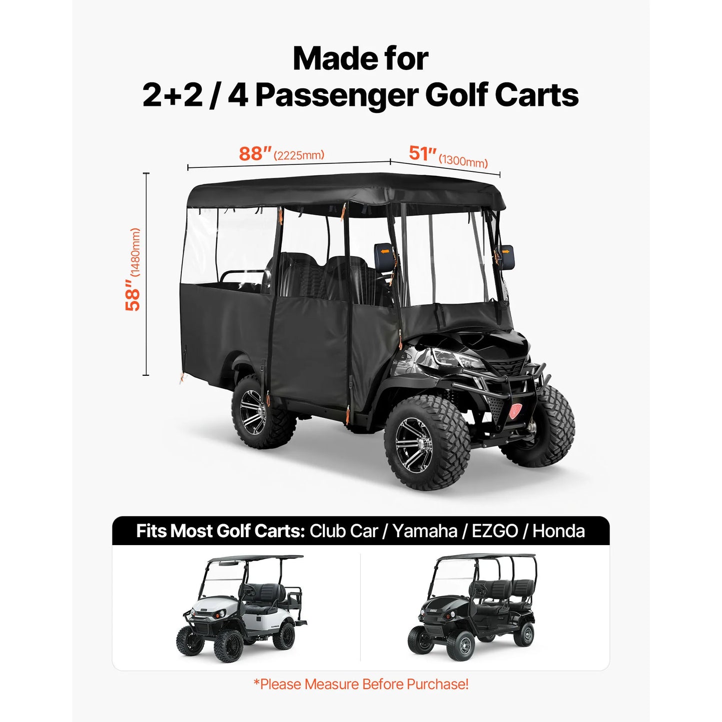SucceBuy Golf Cart Cover Visible Full-Enclosure 2+2/4 seat 420D Waterproof Oxford PVC Coating Windproof Hook Fits Most Carts