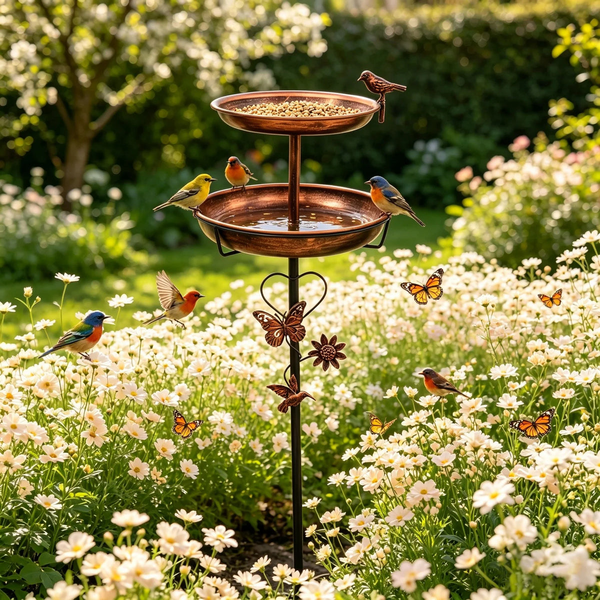 Double Layer Metal Bird Bath Stand with Five Prong Base