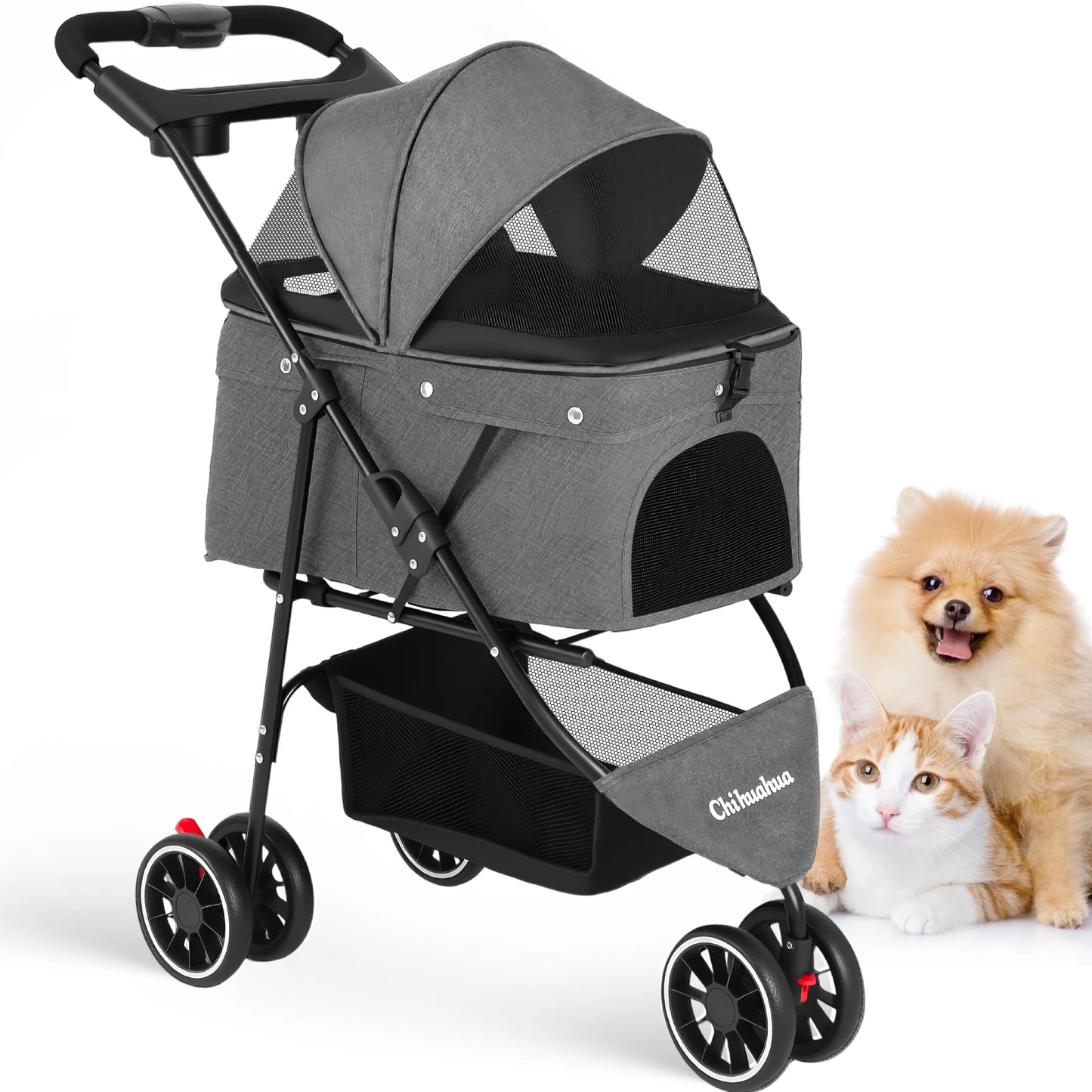 Chihuahua Pet Stroller Three Wheel Foldable With Breathable Mesh Canopy