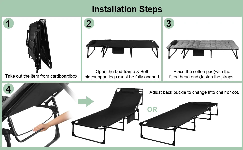 Portable Folding Camping Cot With 3 Position Reclining Lounge Chair