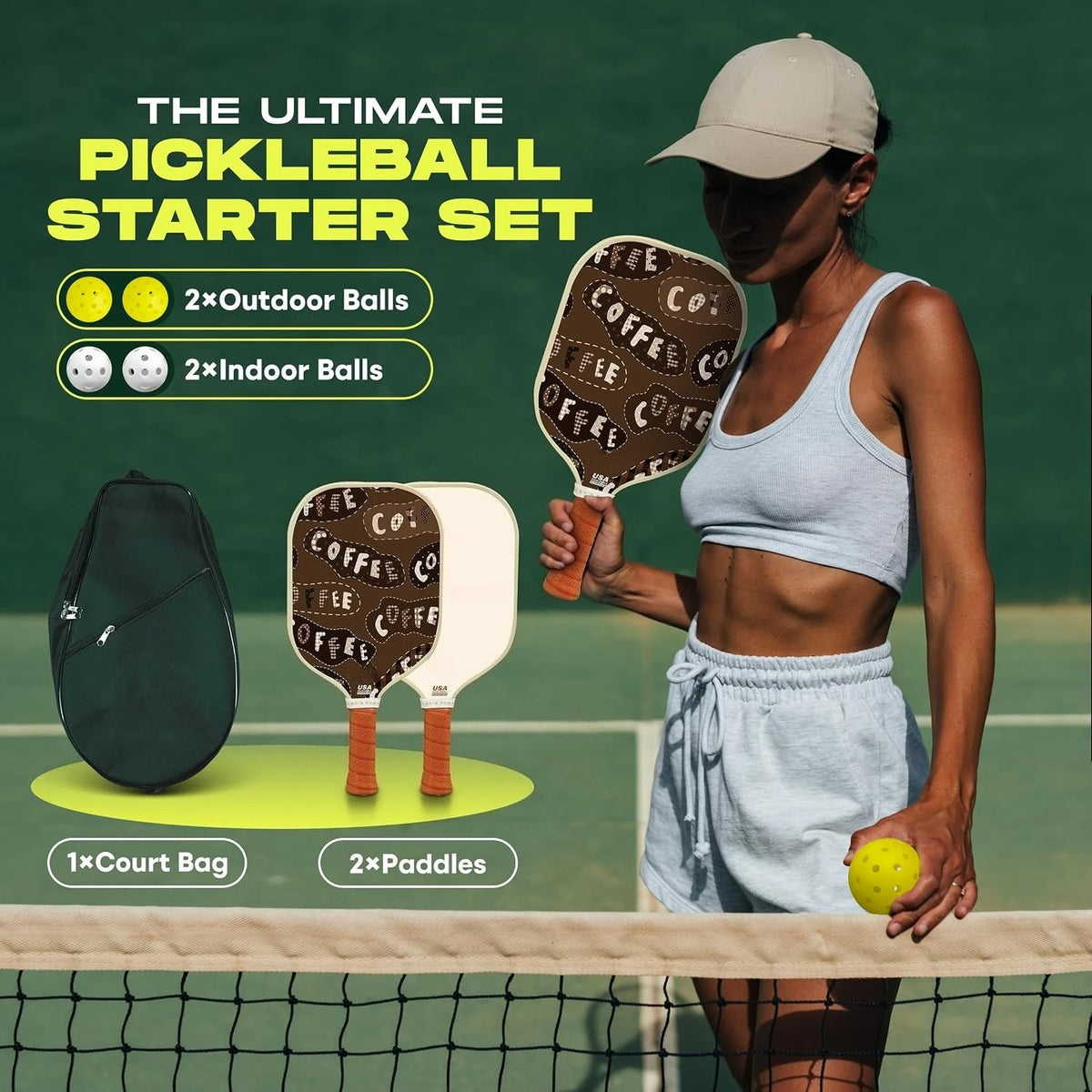 Set of 2 Fiberglass Pickleball Paddles With 4 Indoor Outdoor Pickleball Balls And Portable Travel Carry Bag Lightweight Durable Rackets For Beginners Men Women Indoor Court Backyard Outdoor Sports Training Game