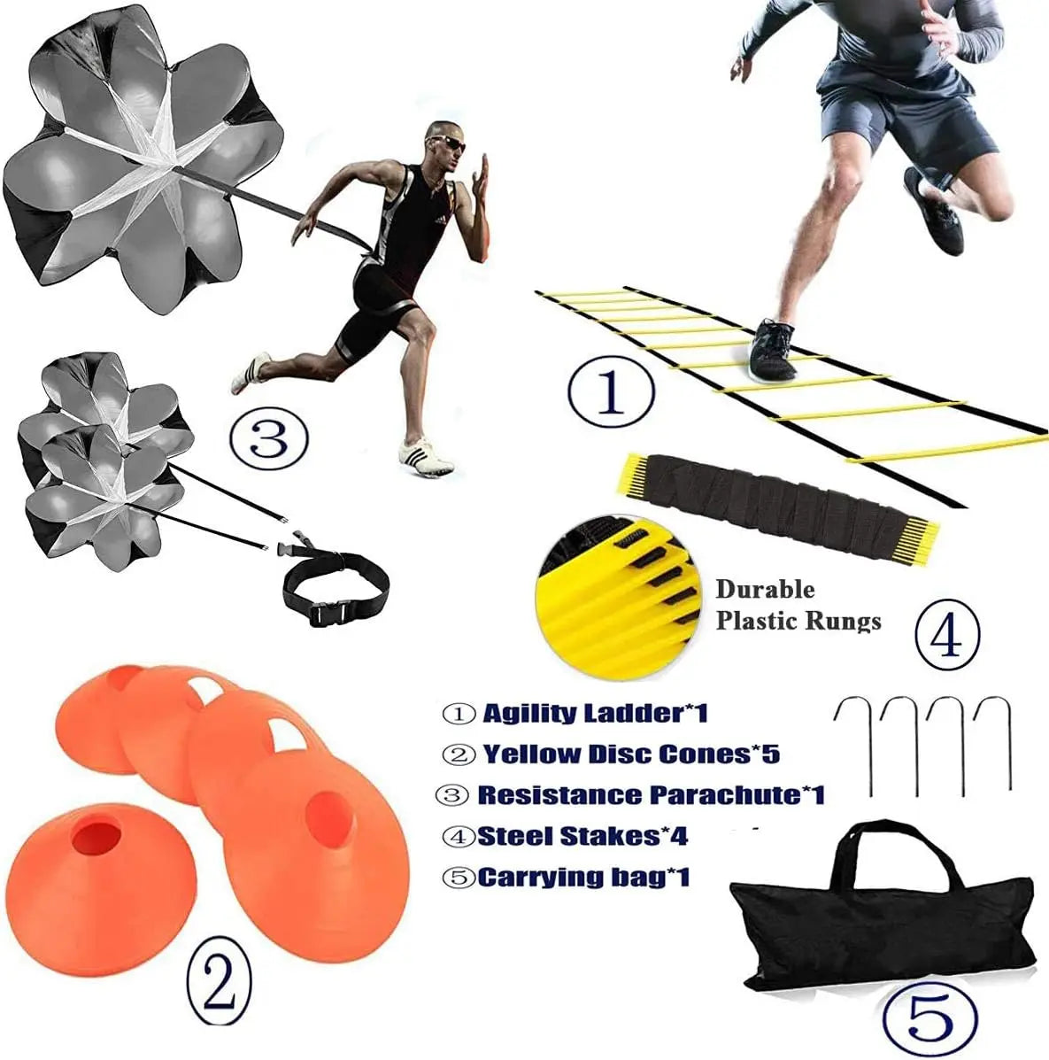 Agility Ladder Speed Training Equipment with 6 Cones, Parachute, and Carry Bag for Soccer, Football, Basketball, Kids and Adults