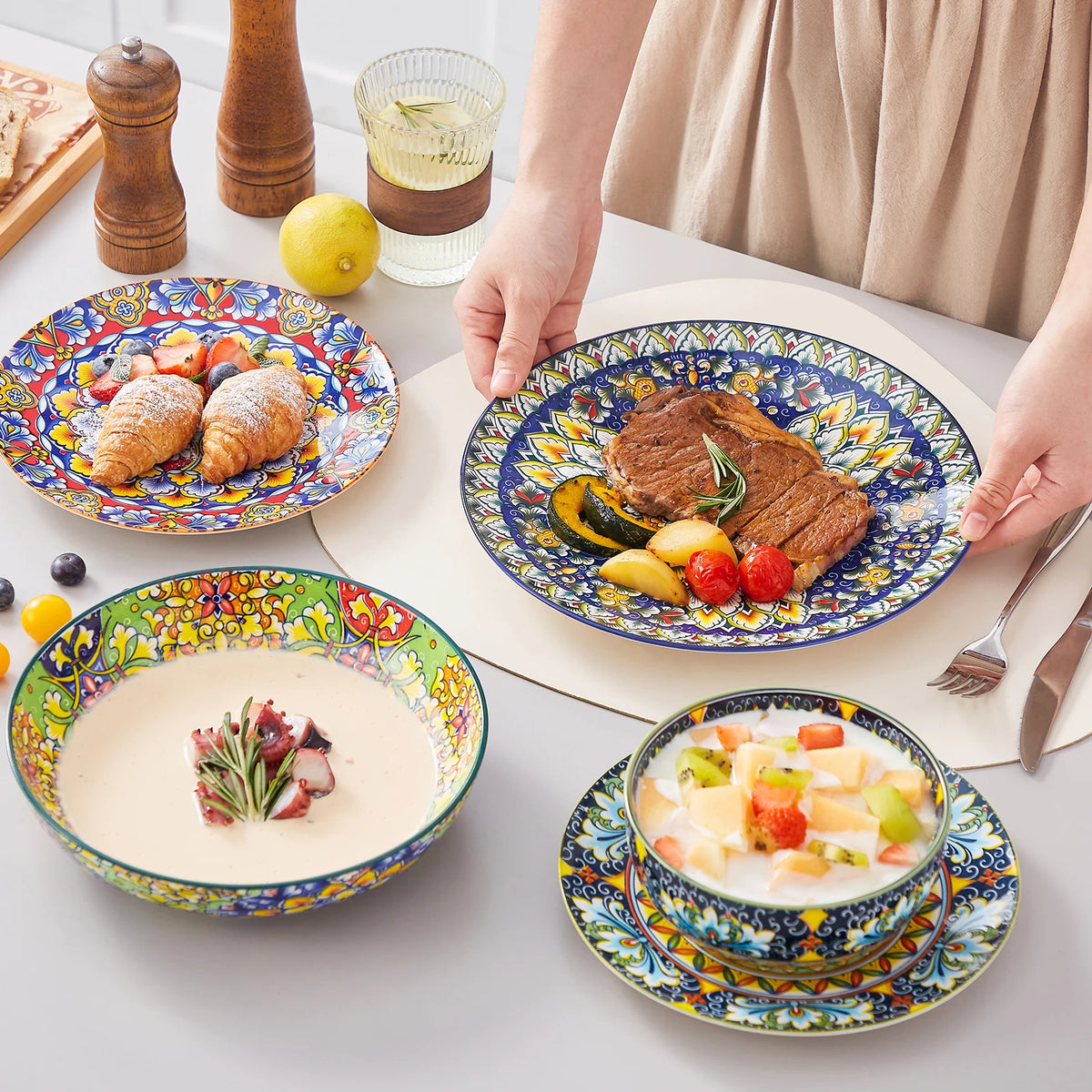 MALACASA Bohemian Porcelain Dinnerware Set With Plates And Bowls