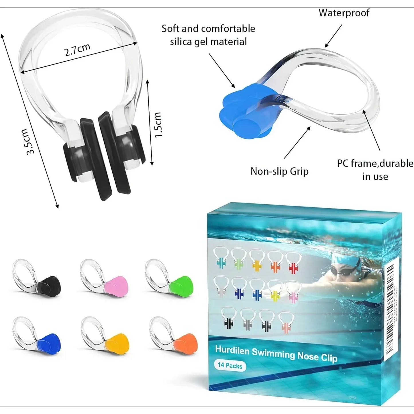 Swimming nose clip, 14 packs of waterproof silicone swimming nose plugs, suitable for children and adults, multi-colored