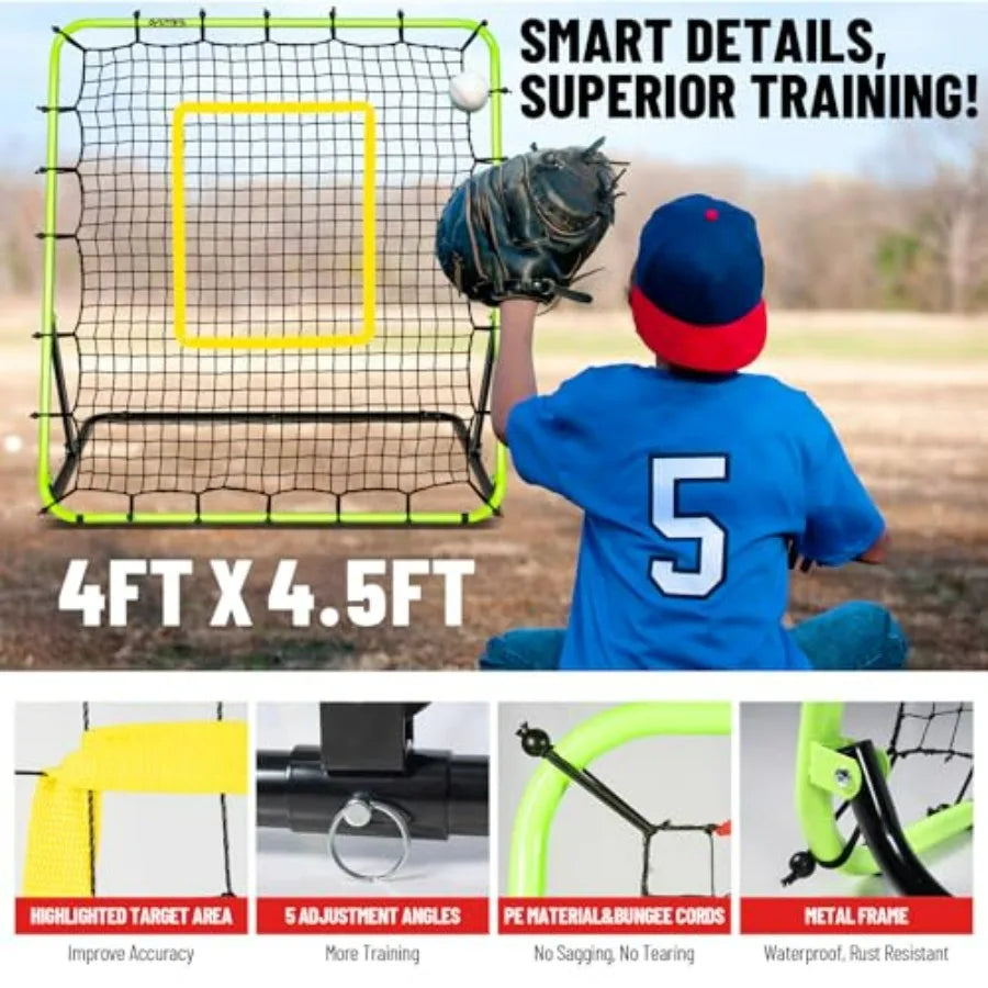 Baseball Rebounder Net 4x4.5FT with 5 Adjustable Angles for Ground Line Drive Fly Balls Training Soccer Softball Volleyball Bou