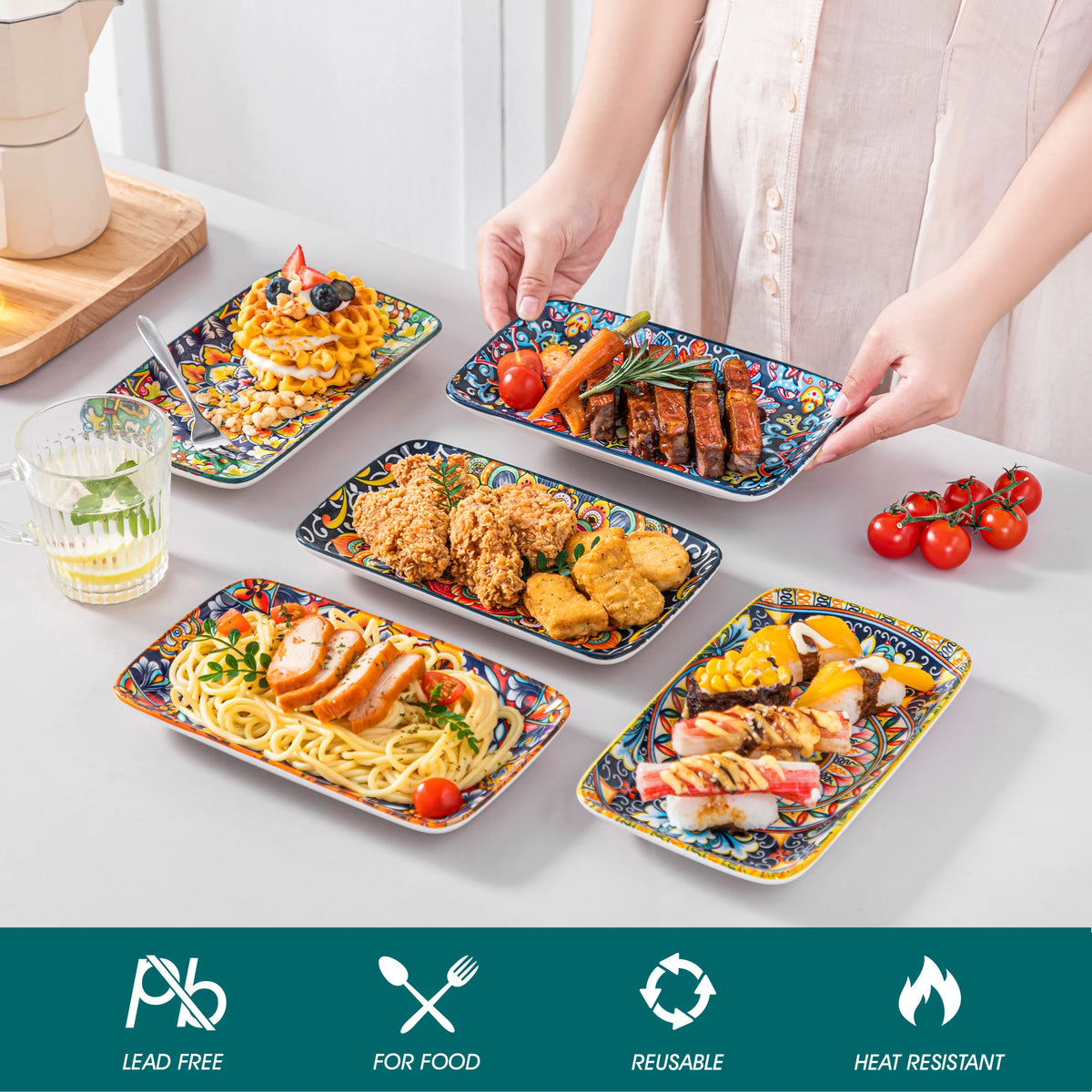 MALACASA Bohemian Rectangular Porcelain Serving Plates for Dinner and Pasta