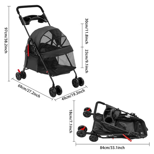 For Small To Medium Dogs and Cats Black Foldable Pet Travel Cart with Water Cup Holder, Ergonomic Foam Handle 69*49*97cm