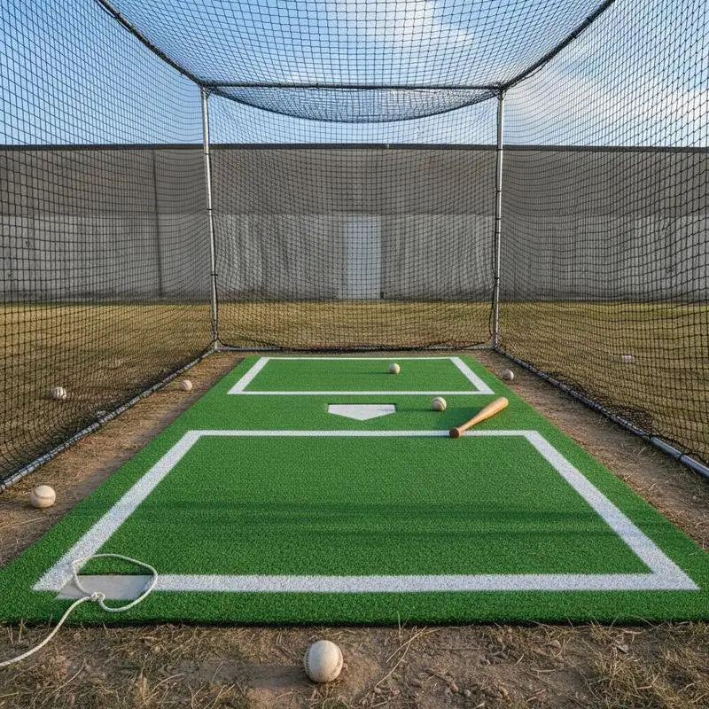 Baseball Softball Hitting Mat 10x3.8 ft For Training Facility Gym Backyard, Lined Foam Backing Portable Practice Aid Tightening Rope Green