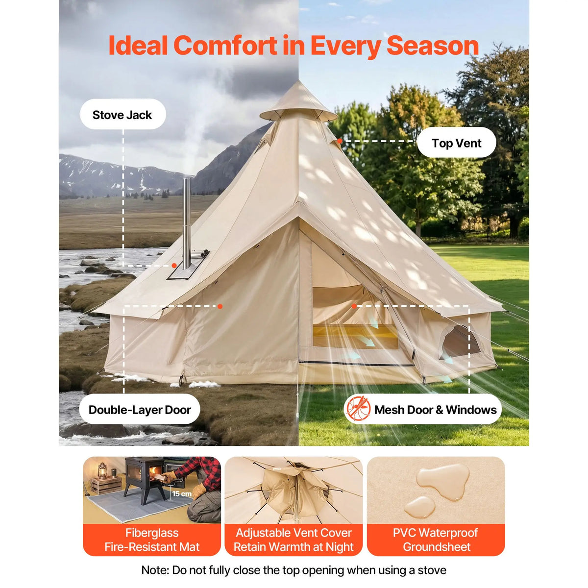 Four Season Canvas Bell Tent With Stove Jack For Camping