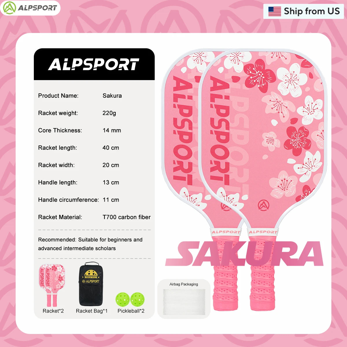 ALPSPORT Sakura USAPA Pickleball Paddle Women's T700 With 2 Free Balls Carbon Fiber Beginner-Friendly Pro Training Set Pink
