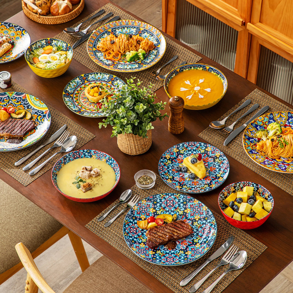 MALACASA Bohemian Ceramic Dinnerware Set with Plates and Bowls