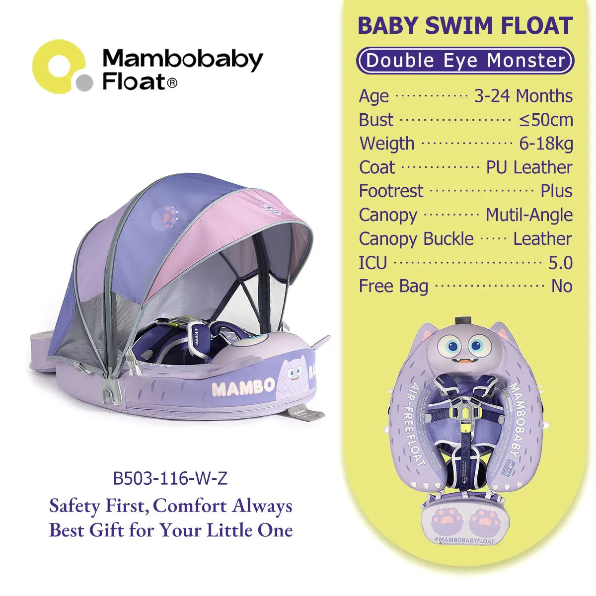 Mambobaby Float Safe Solid Core Comfort Skin-friendly Design with Canopy Baby Swimming Ring Toddler Pool Float Infant Water Ring