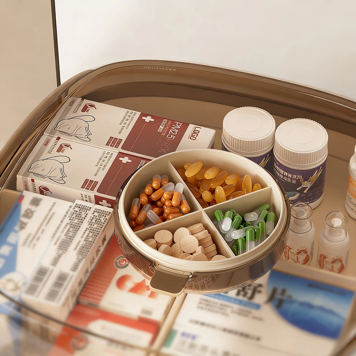 Double Layer Family Medicine Storage Box, Cream Portable First Aid Kit with Transparent Lid