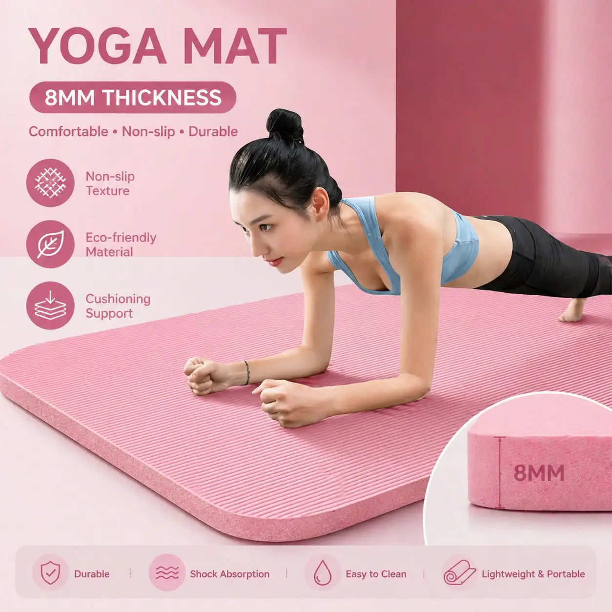 Pink Yoga Mat Set 185*61CM Non Slip Thickened Fitness Mat For Yoga Pilates Home Sports Workout Exercise Mat