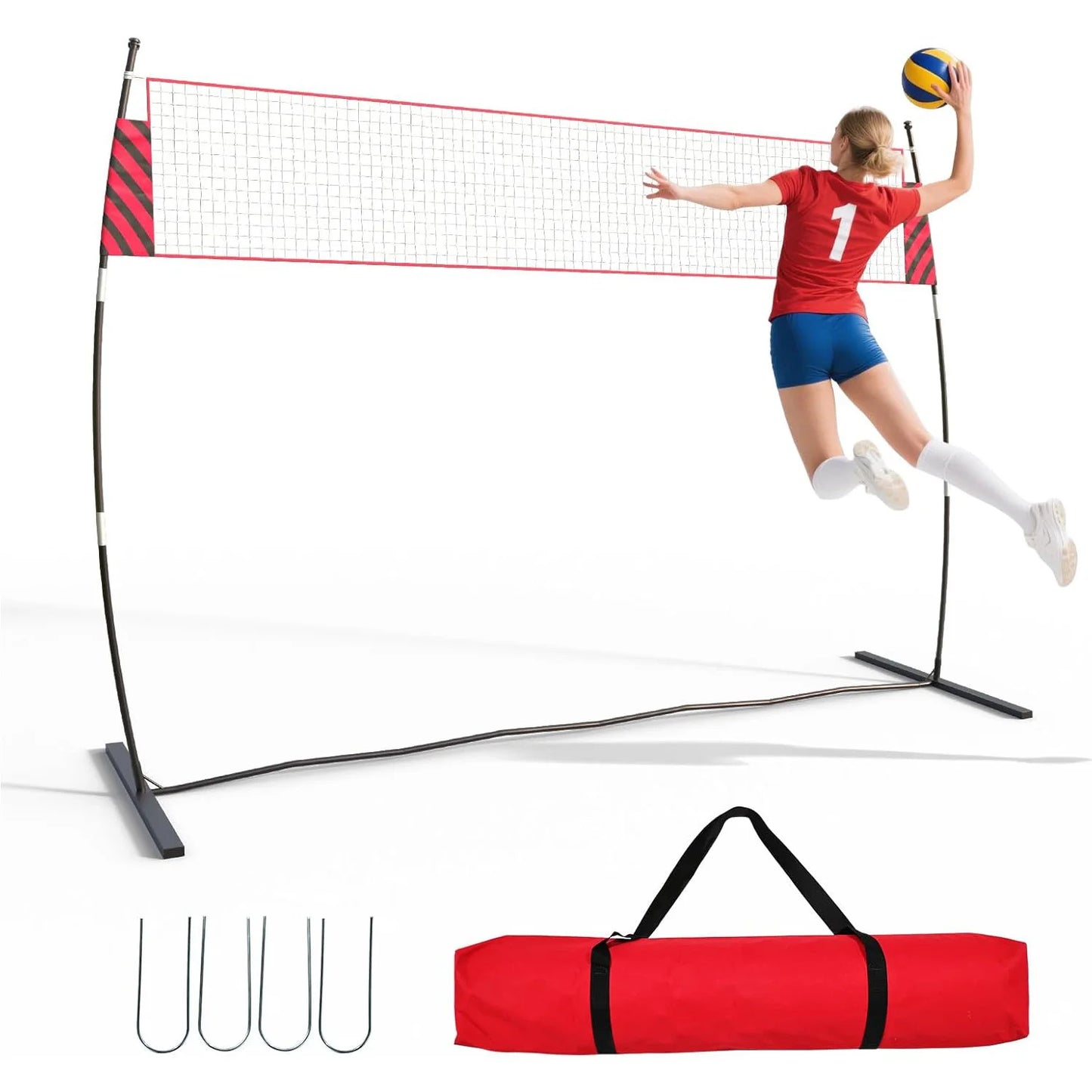 12FT Adjustable Volleyball Net Portable Freestanding Quick Setup Fiberglass Poles Regulation Height Backyard Beach Indoor