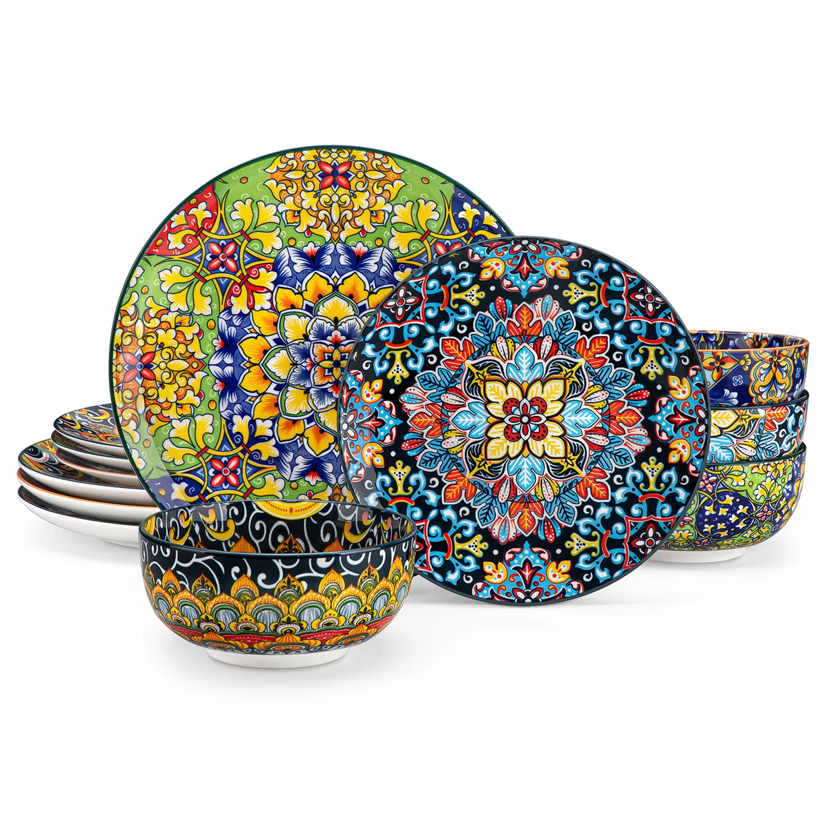 MALACASA Bohemian Ceramic Dinnerware Set with Plates and Bowls