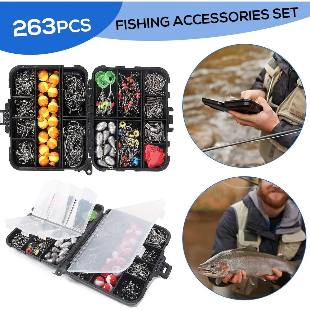 Complete 263-Piece Fishing Kit with Tackle Box, Tools, Hooks, Weights, and More