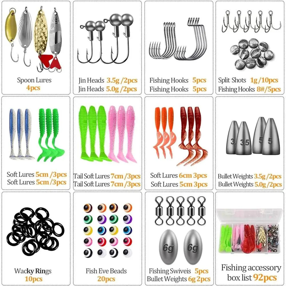 Complete 104-Piece Fishing Lure Kit: Glide Bait, Hooks, Weights, Hook Remover, and More for 2025 Christmas
