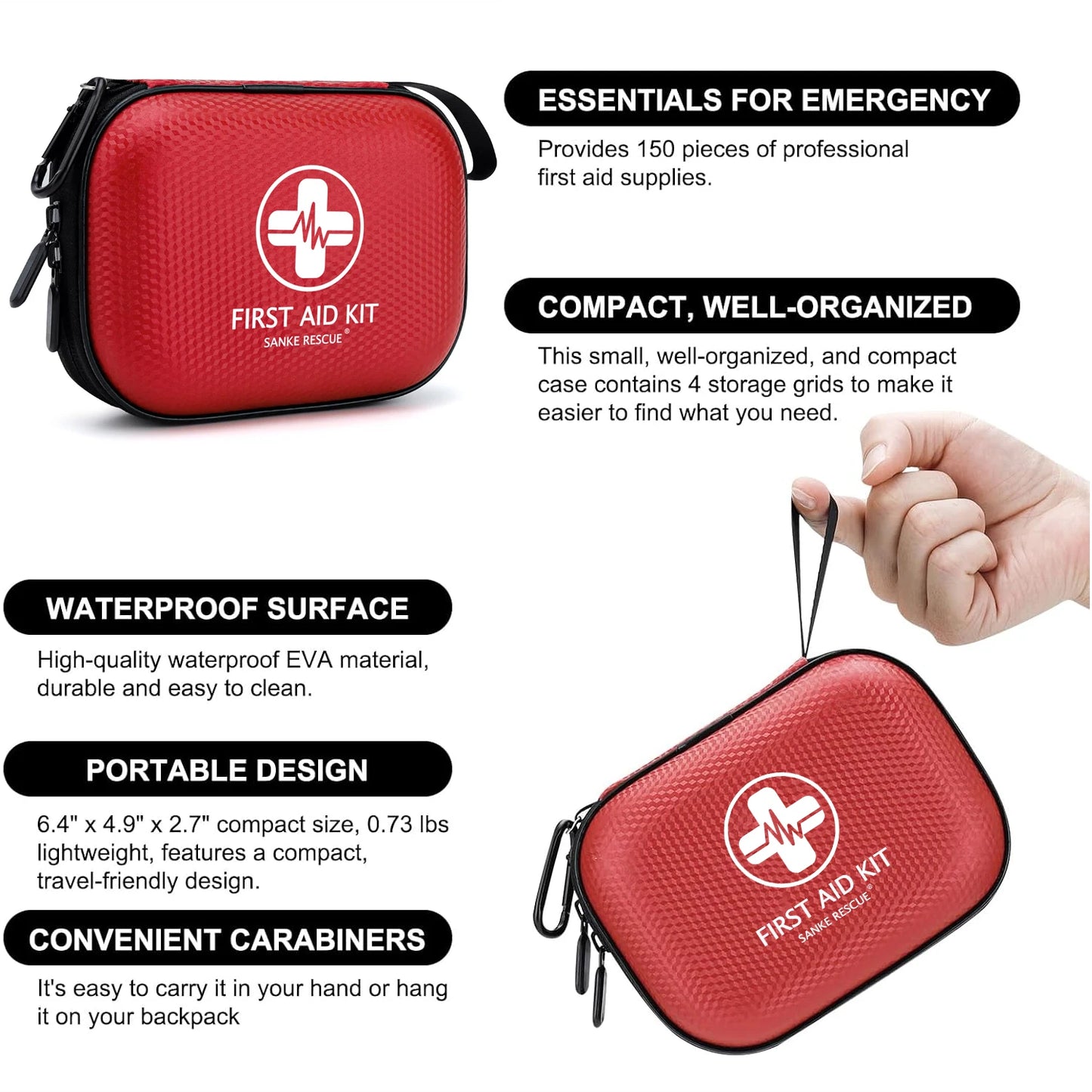 Mini First Aid Kit 150 Piece Small Waterproof Hard Shell Medical Kit for Home Car Travel Camping Truck Hiking Sports Office