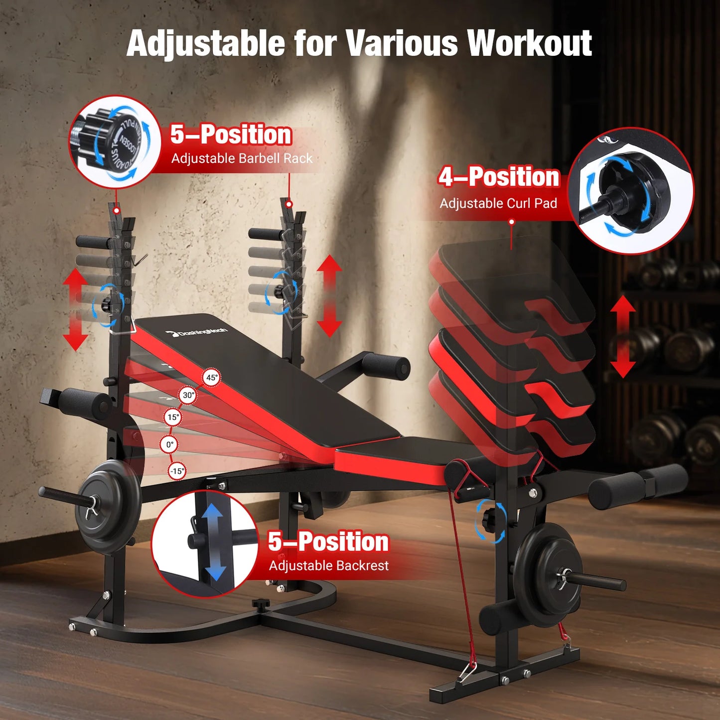 6-in-1 Foldable Weight Bench Set 794 Pounds Adjustable Workout Bench/Barbell Rack/Curl Pad,Bench Press,Curl machine for Home Gym