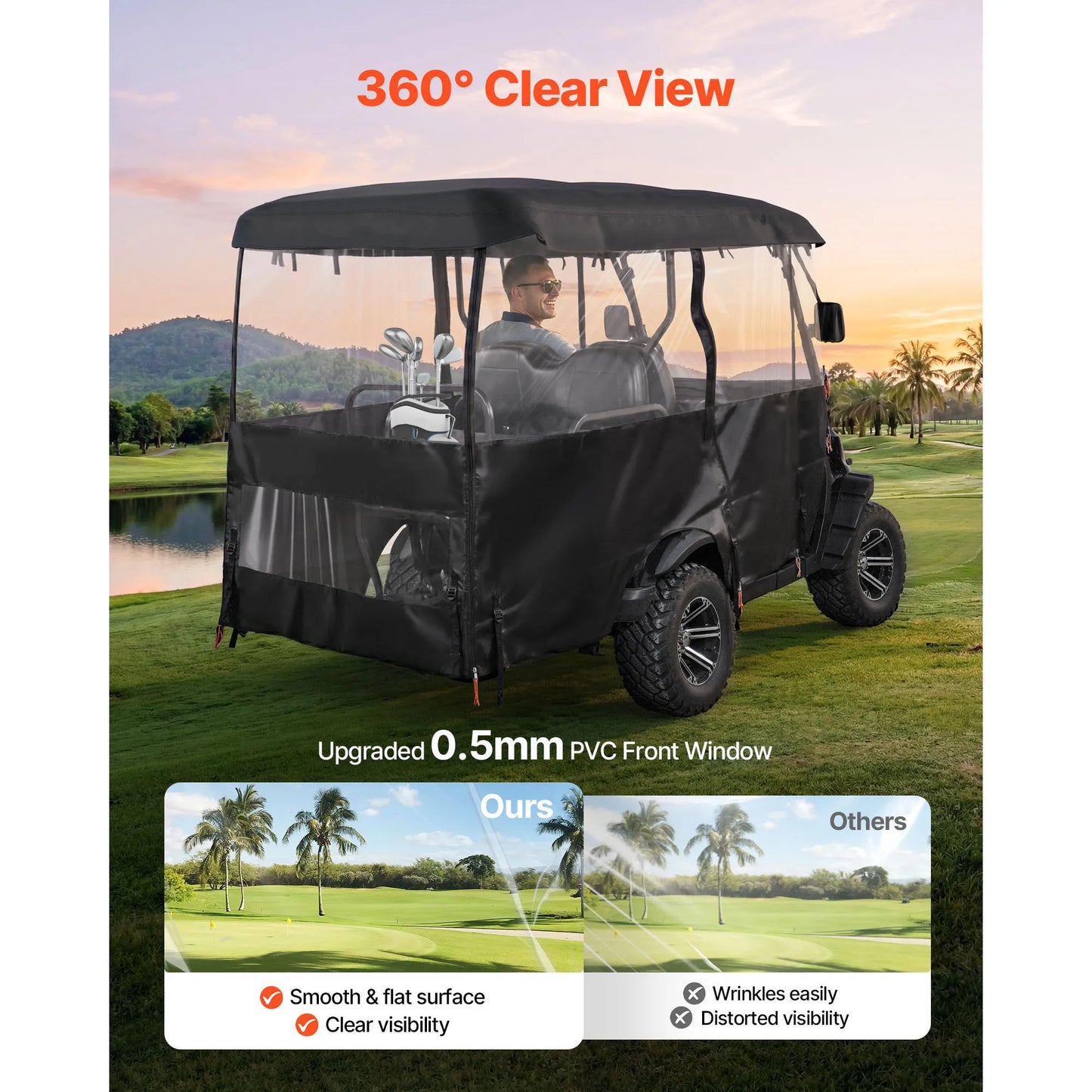 SucceBuy Golf Cart Cover Visible Full-Enclosure 2+2/4 seat 420D Waterproof Oxford PVC Coating Windproof Hook Fits Most Carts