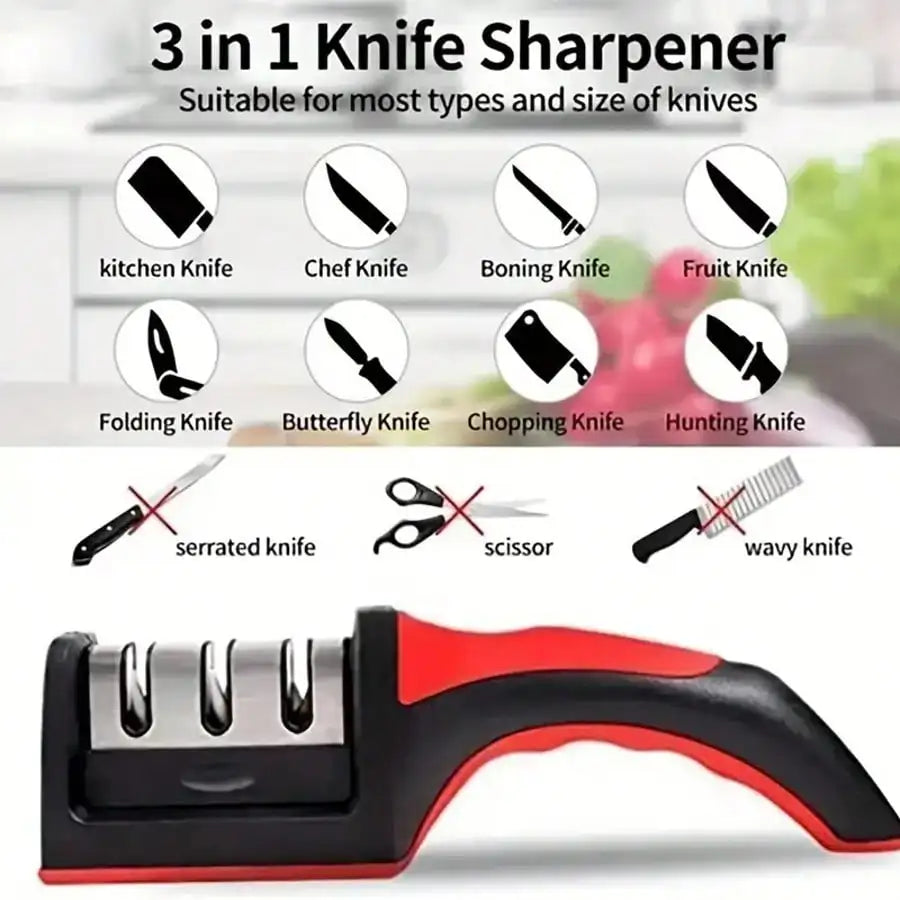3-Stage Knife Sharpener, Multi-Function, Non-Slip Base, Portable Kitchen Gadget